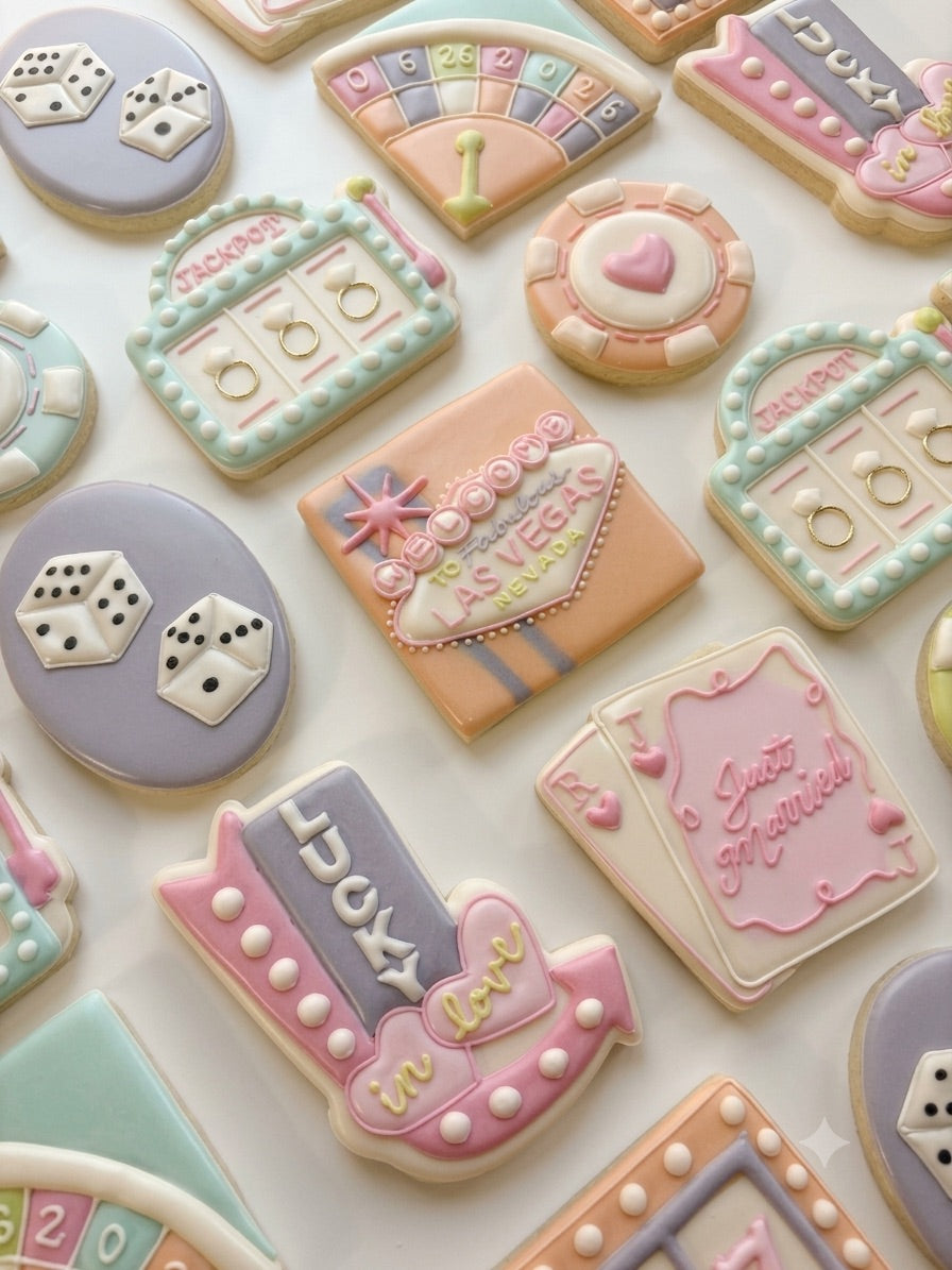 Las Vegas themed custom cookie set — dice, jackpot and casino designs
