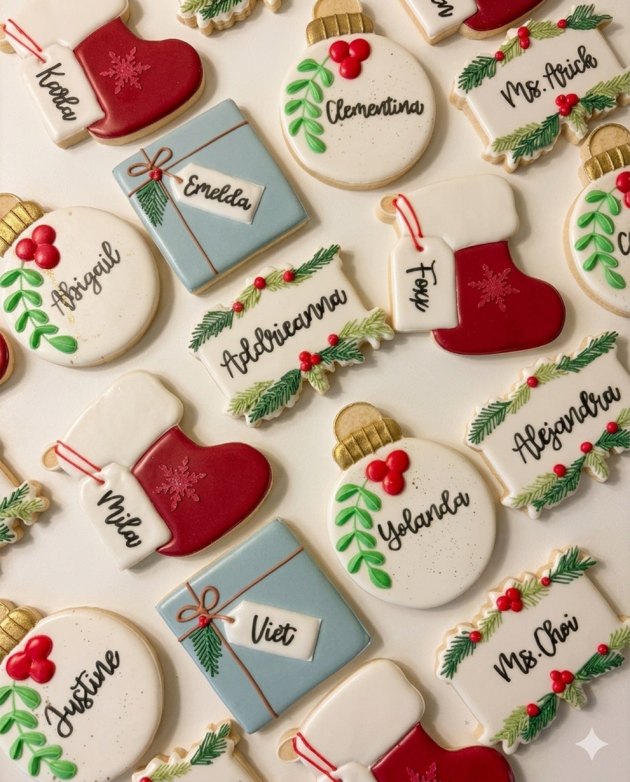 Personalised holiday cookie set — name ornaments, stockings and gift boxes
