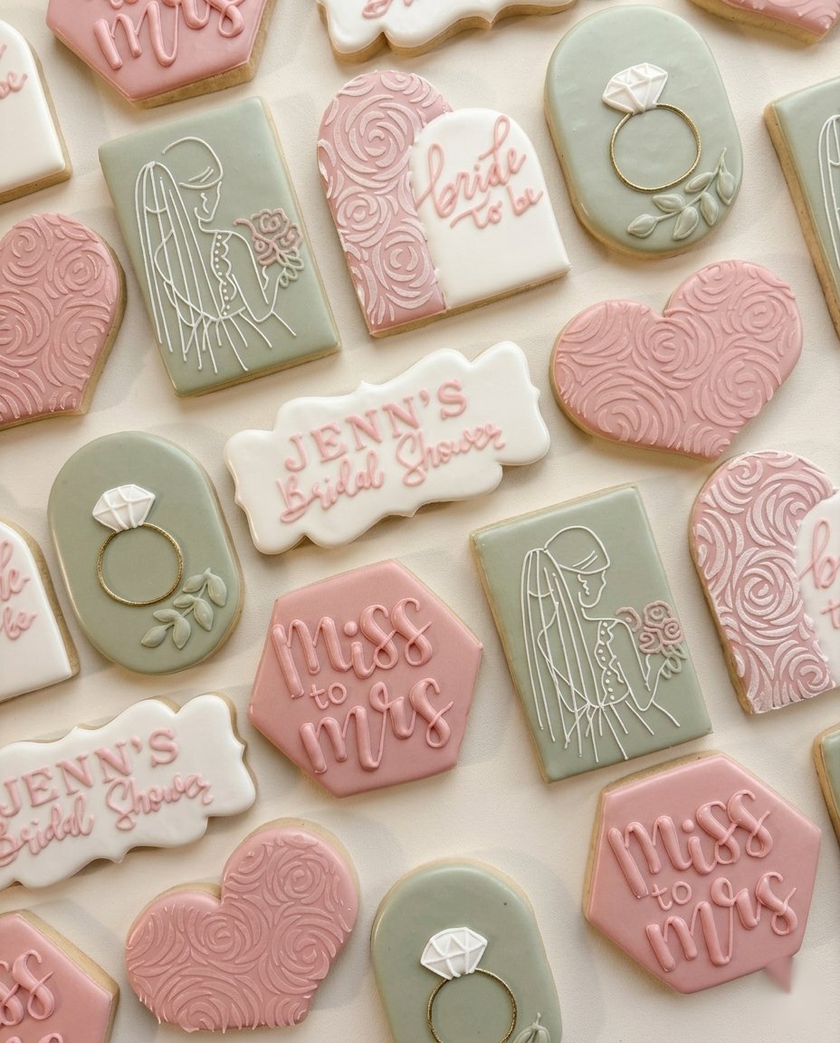 Custom wedding cookie favors, hand-decorated by Keookies